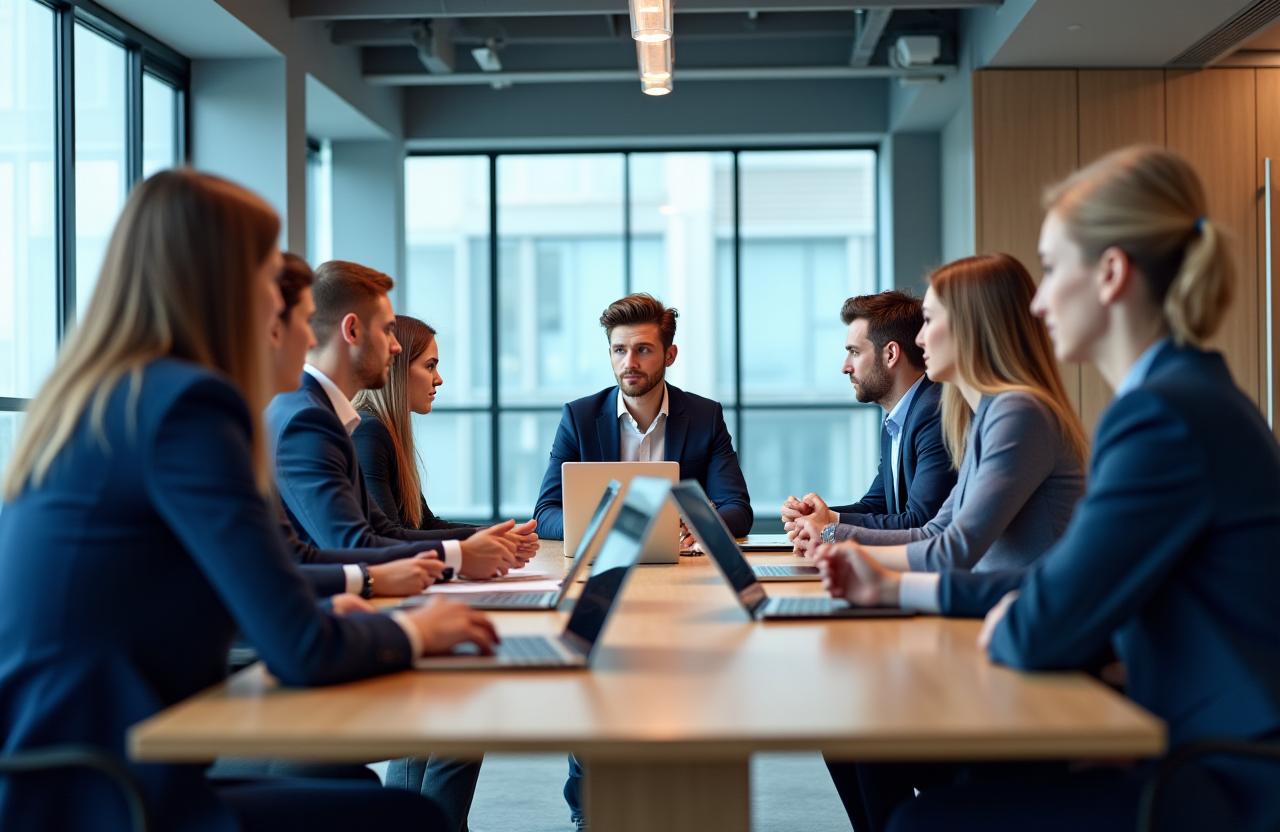 Professionals in an office setting during a corporate German training program