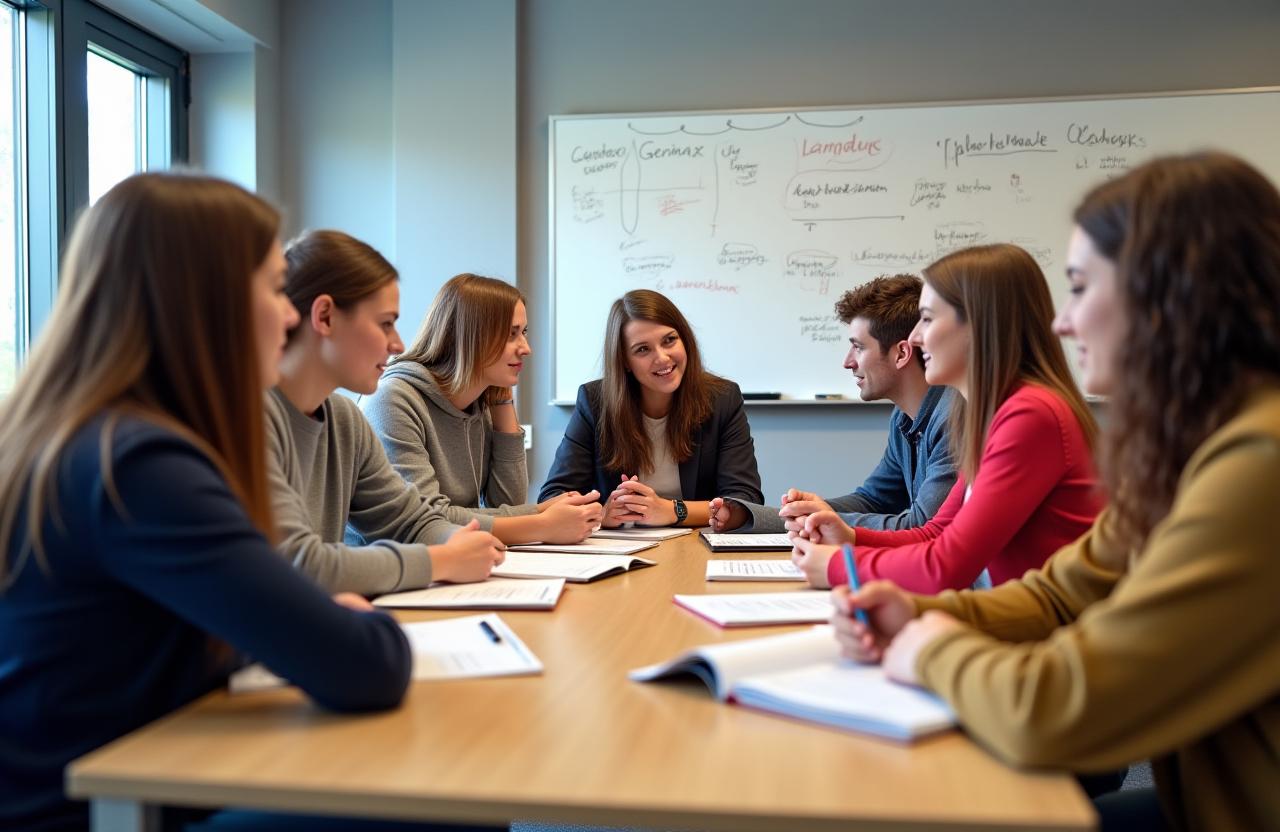A diverse group of students engaged in a collaborative German language class