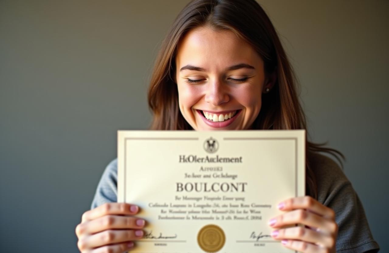 A student looking at their German language certificate with a sense of achievement